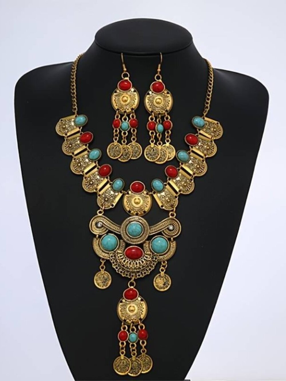 077 Ancient Golden Color Vintage Coin Design Retro Necklace and Earrings Set